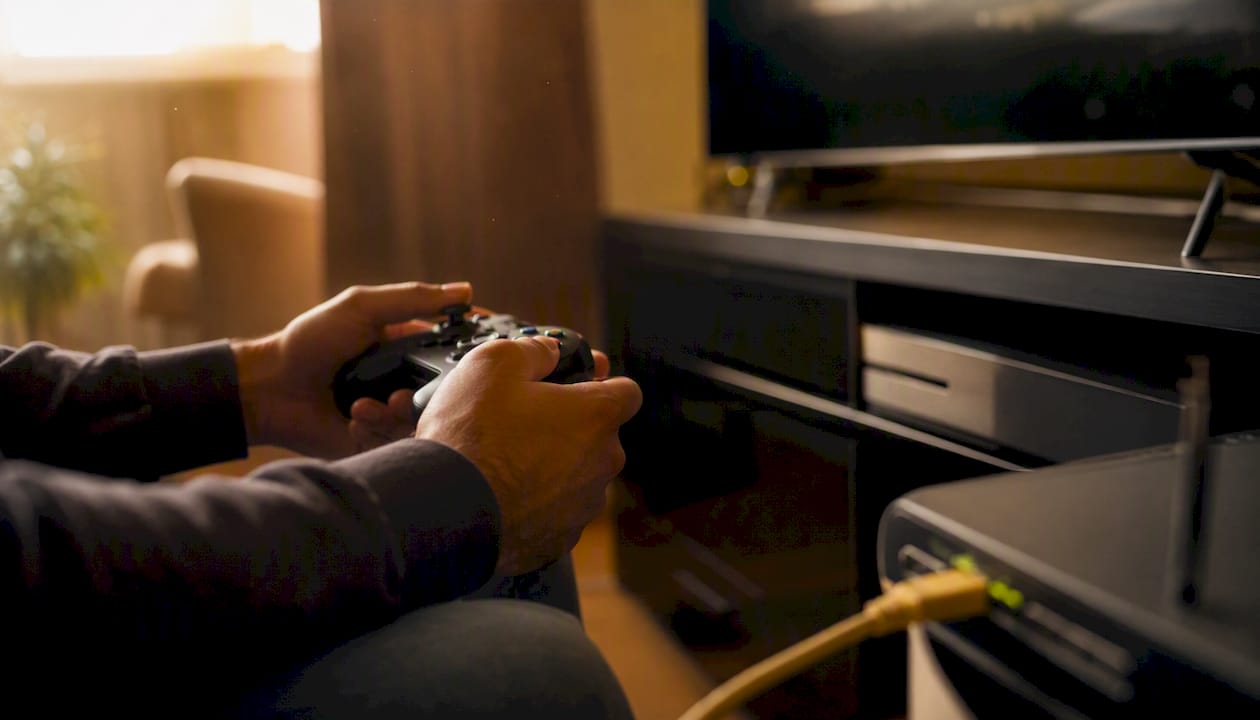 Hand holding Xbox controller with console detail