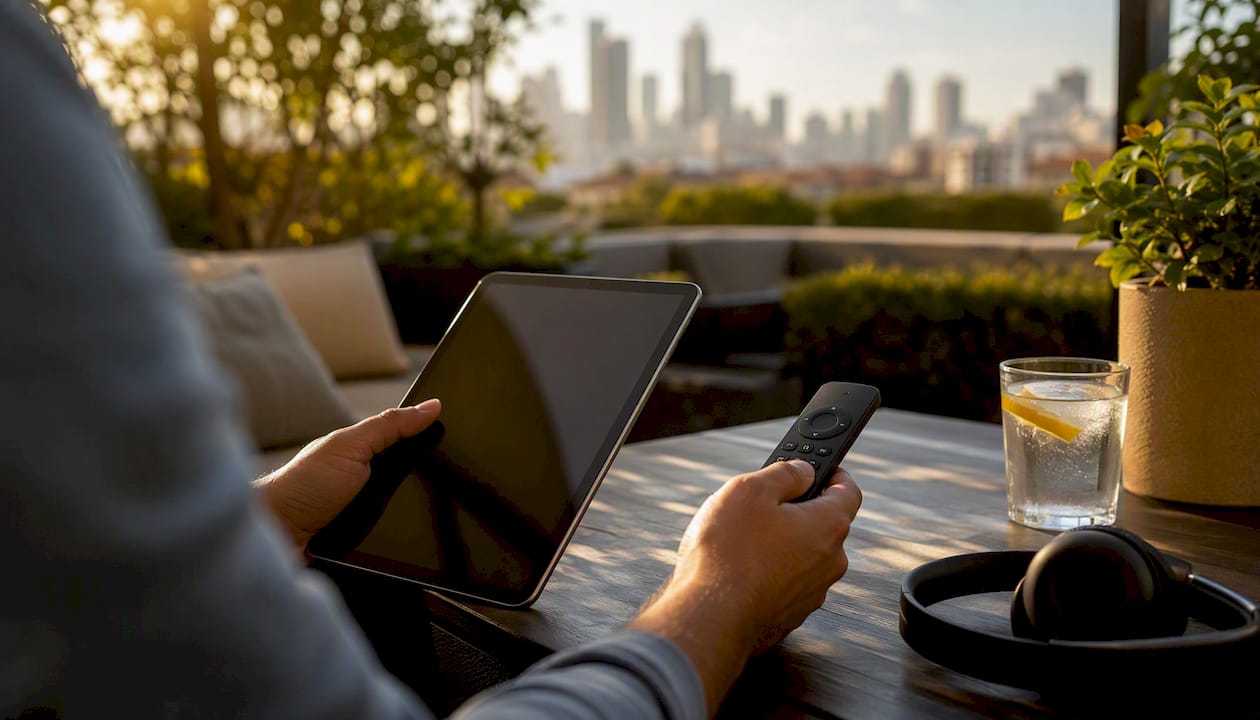 Hands managing streaming remotes and smartphone